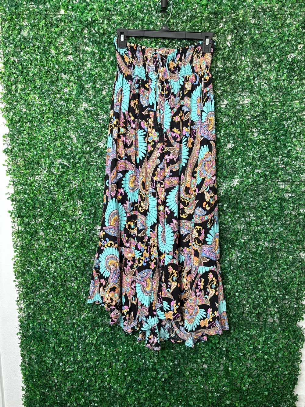 Haute Hippie Bohemian Black Maxi Skirt with Turquoise Paisley Print
